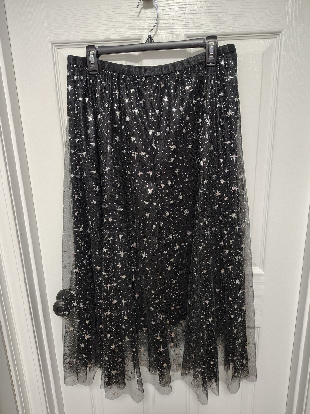 Black Star-Print Tulle Midi Skirt